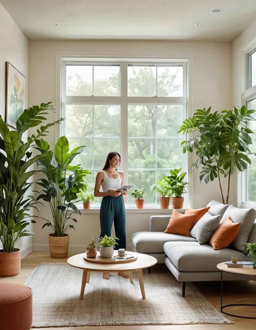 A serene living room filled with soft natural light, showcasing plants and clean air filters, harmonious color palette that conveys tranquility; a person smiling while breathing in fresh air, enhancing the feeling of well-being, with subtle accents of technology blending seamlessly into the environment. super-realistic. vibrant colors. cozy atmosphere.