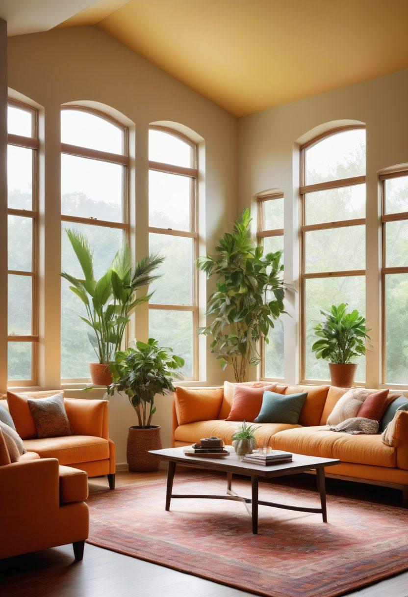 A cozy living room filled with natural light, showcasing a modern air filtration system elegantly placed near a window. Soft, lush plants thrive in the sunlight, symbolizing clean air and a healthy environment. A family enjoys time together, basking in the serene atmosphere, with filters subtly integrated into the decor. Warm colors and inviting textures create a delightful home ambiance. super-realistic. vibrant colors. soft focus.