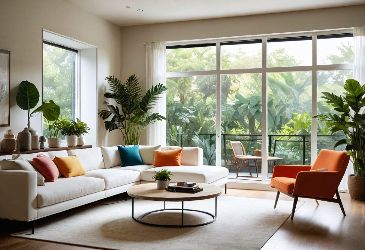 A serene living room bathed in soft, natural light, featuring lush plants and cozy furniture. Premium air filtration systems subtly integrated into the decor, showcasing their sleek design. The atmosphere exudes warmth and joy, with a touch of elegance. Include a window displaying a beautiful garden view. bright colors. super-realistic.